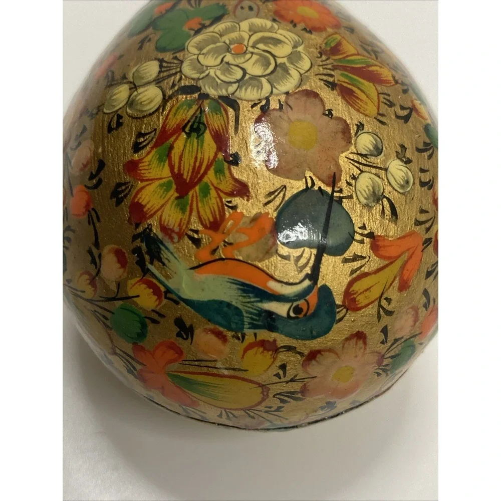 Vintage Hand Painted Lacquer Trinket Box Gold Metallic Floral Egg Shape Easter